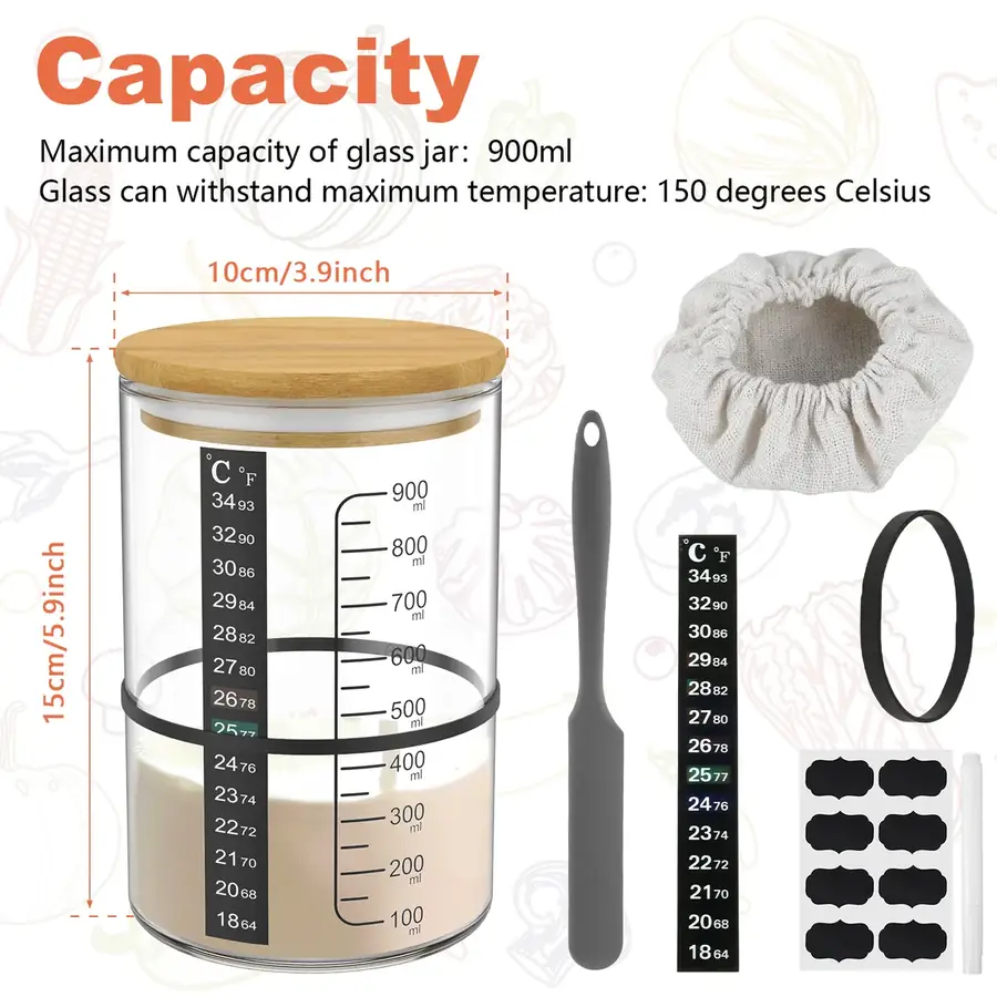 The jar shown with its published dimensions: 900 ml capacity, 3.9 in across and 5.9 in tall