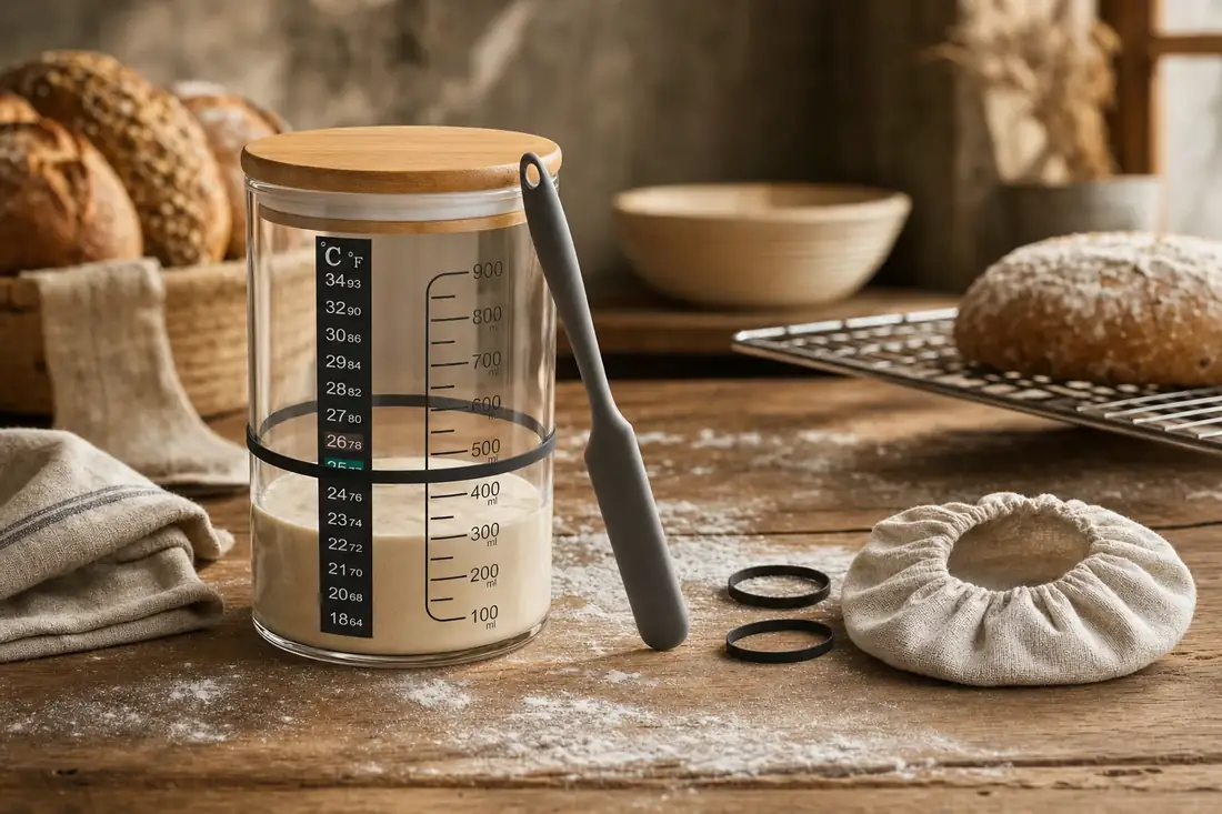 The jar on a kitchen counter with the starter risen to the 600 ml mark and the scale readable through the glass