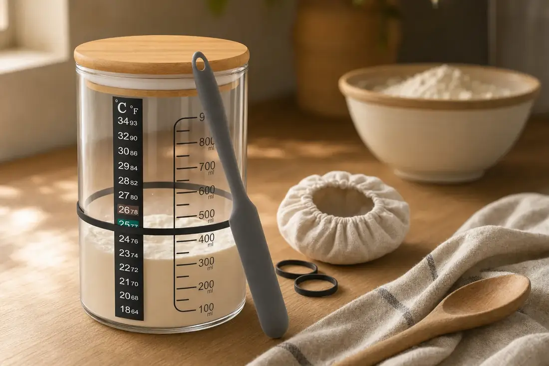 The graduated jar on a kitchen countertop beside a linen cloth and a bowl of flour