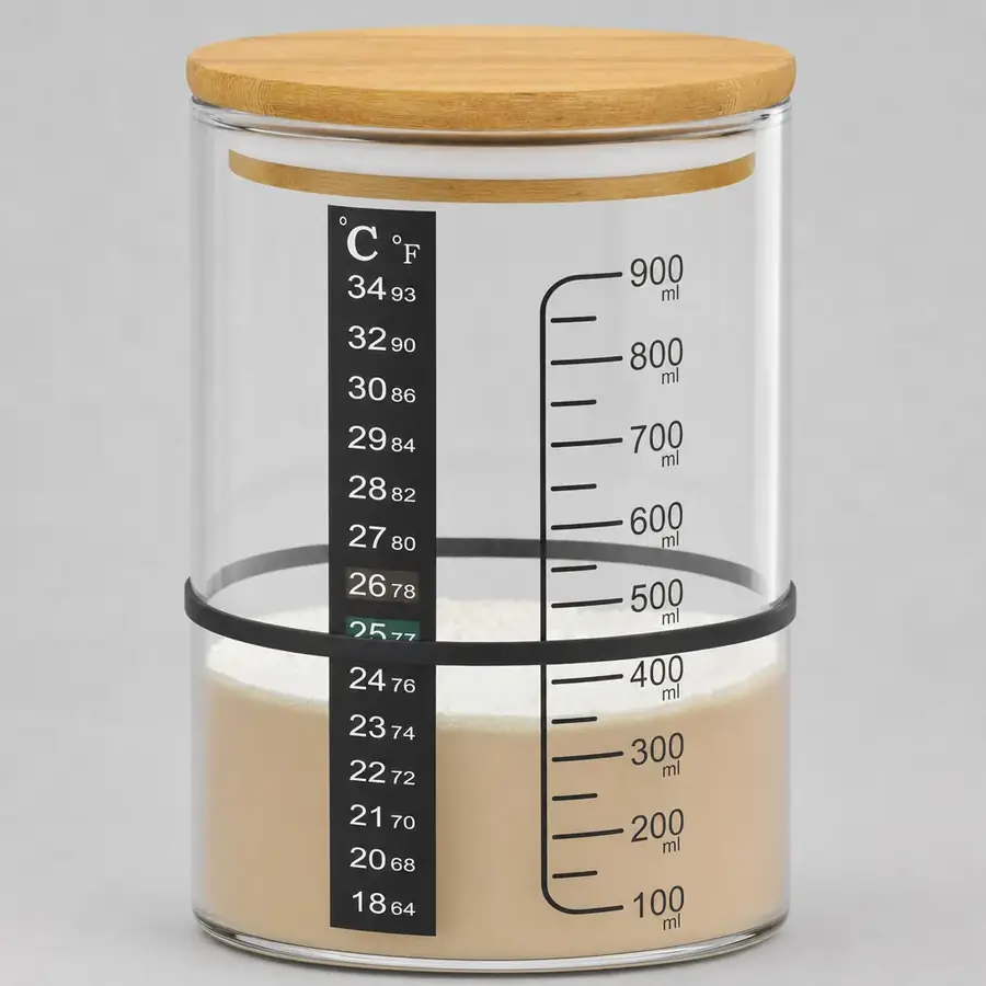 The jar with risen starter, an elastic band marking the feeding level and the temperature strip down the glass