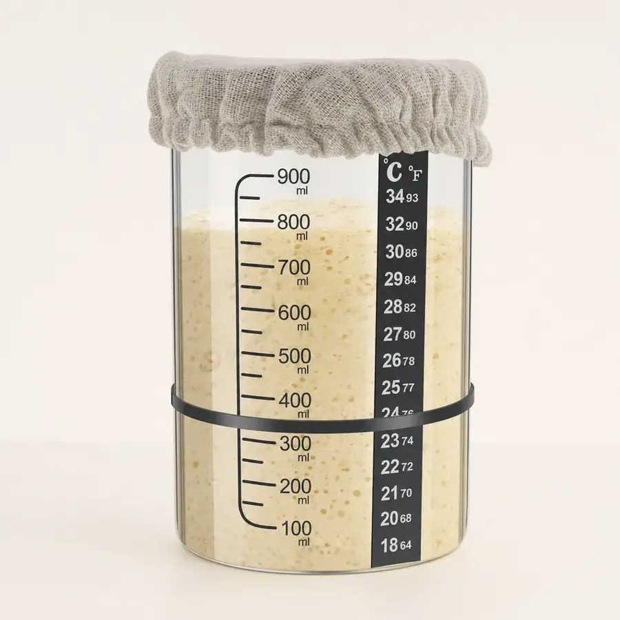 Starter risen past the 800 ml mark with the temperature strip readable down the side of the glass